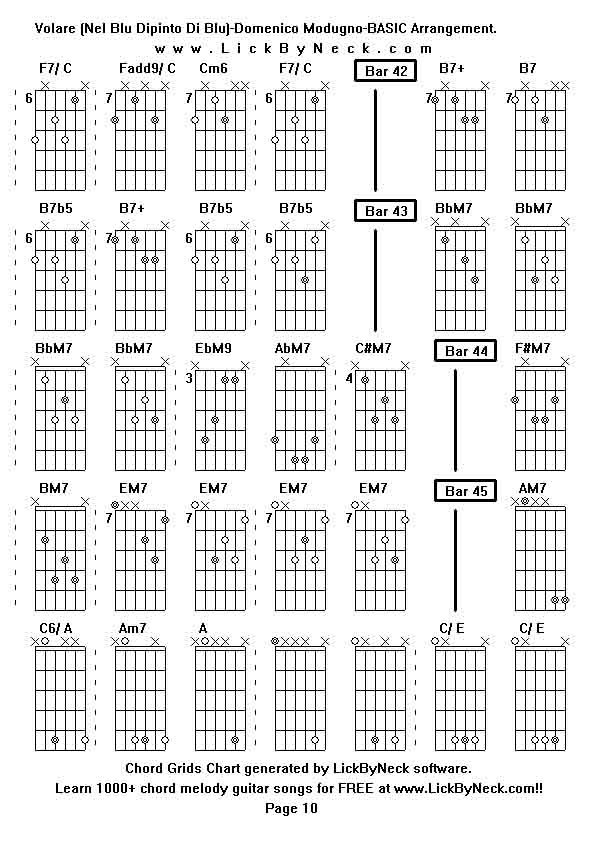 Chord Grids Chart of chord melody fingerstyle guitar song-Volare (Nel Blu Dipinto Di Blu)-Domenico Modugno-BASIC Arrangement,generated by LickByNeck software.